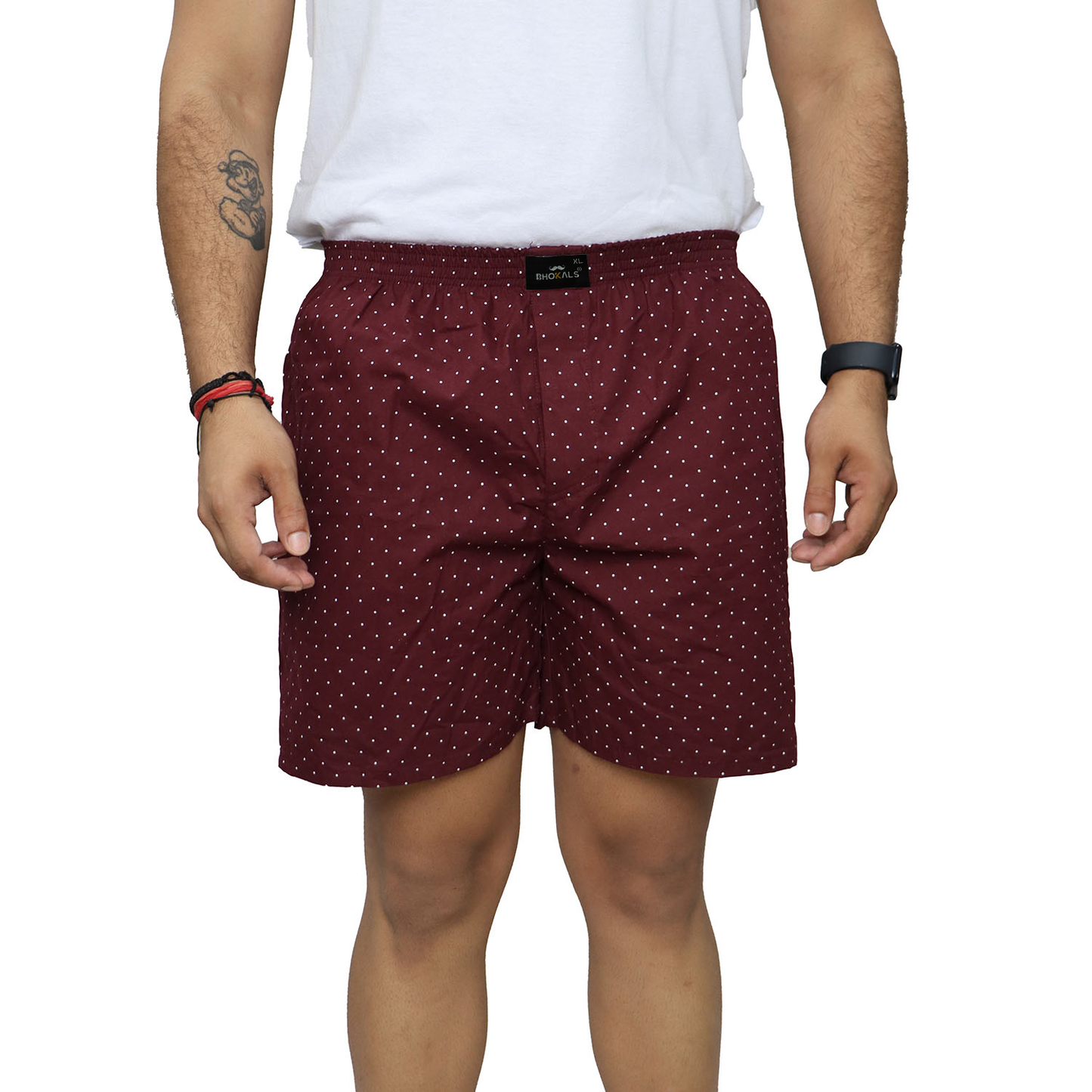 Maroon White Dotted Printed Cotton Boxer For Men