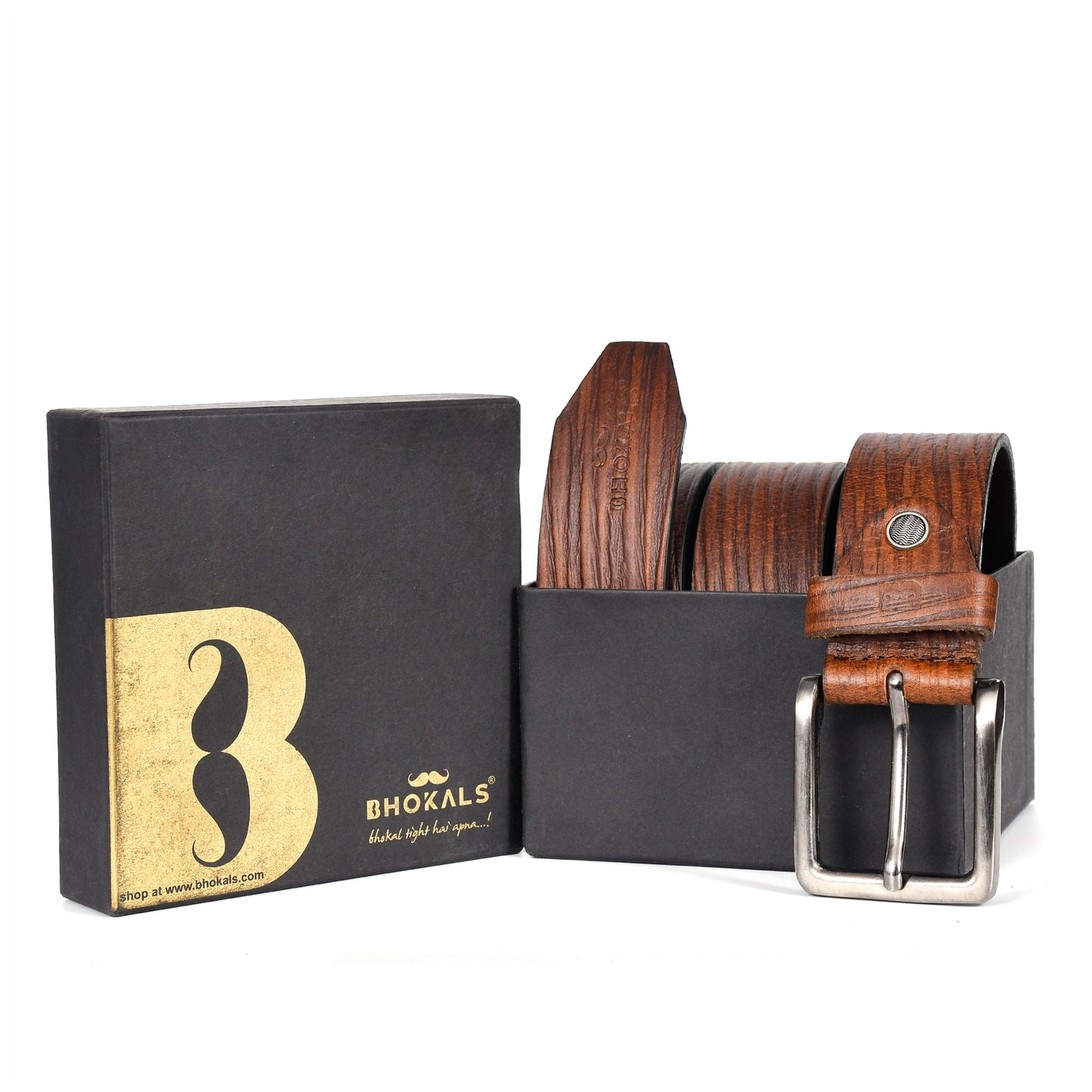 Bhokals Men Brown Wood Texture Leather Belt