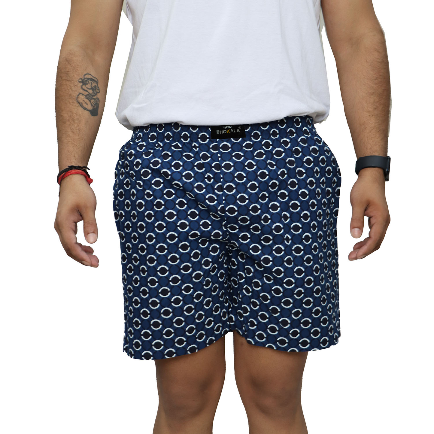 Blue White Black Circle Printed Cotton Boxer For Men