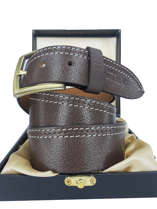 Men Brown Side Thread Leather Belt