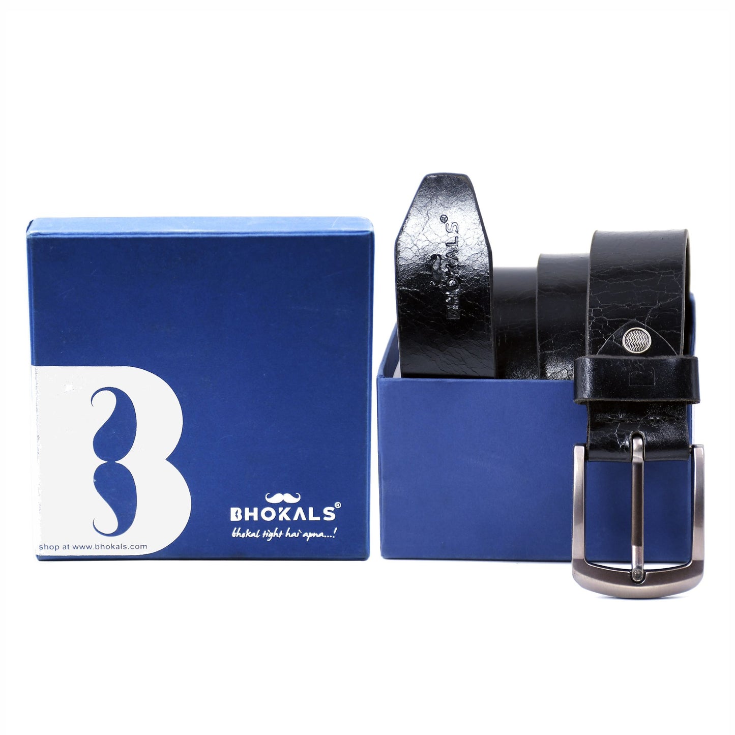 Bhokals Men Black Crunch Leather Belt