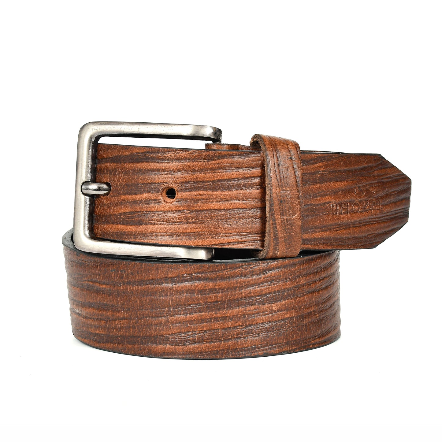 Bhokals Men Brown Wood Texture Leather Belt