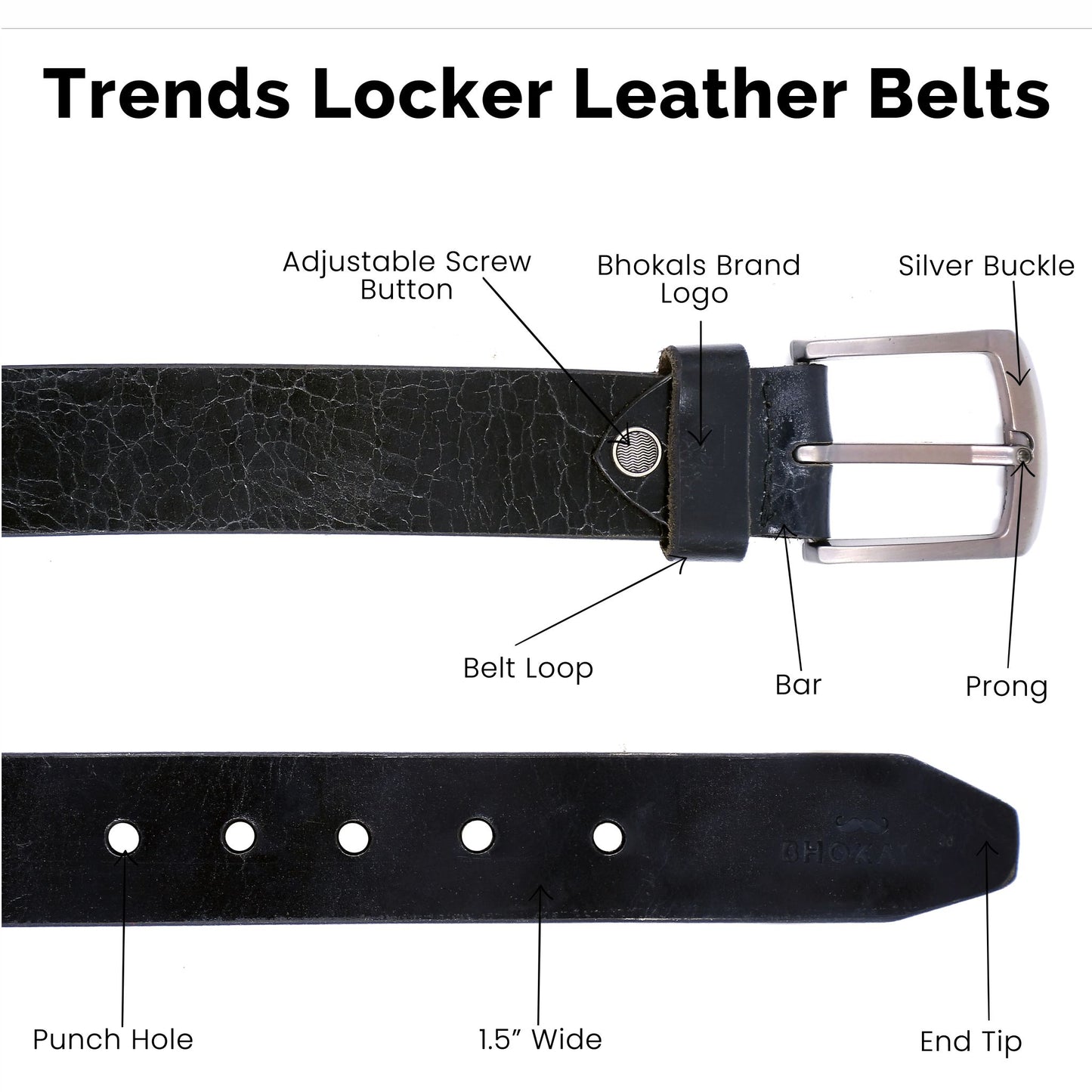 Bhokals Men Black Crunch Leather Belt
