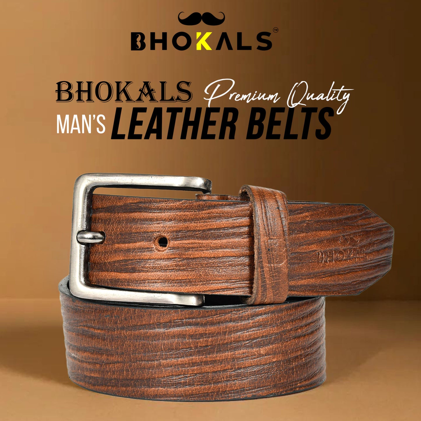 Bhokals Men Brown Wood Texture Leather Belt