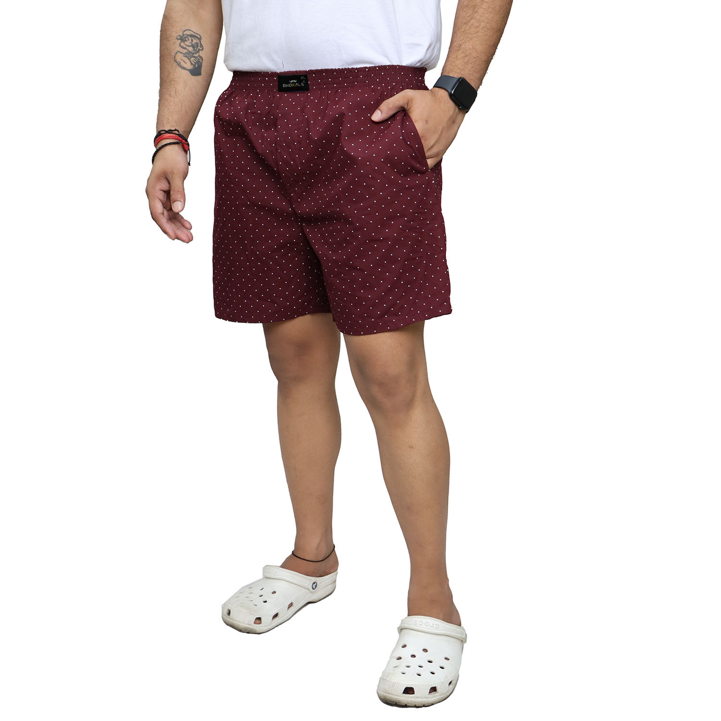 Maroon White Dotted Printed Cotton Boxer For Men