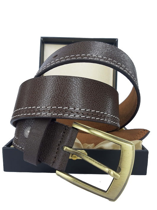 Men Brown Side Thread Leather Belt