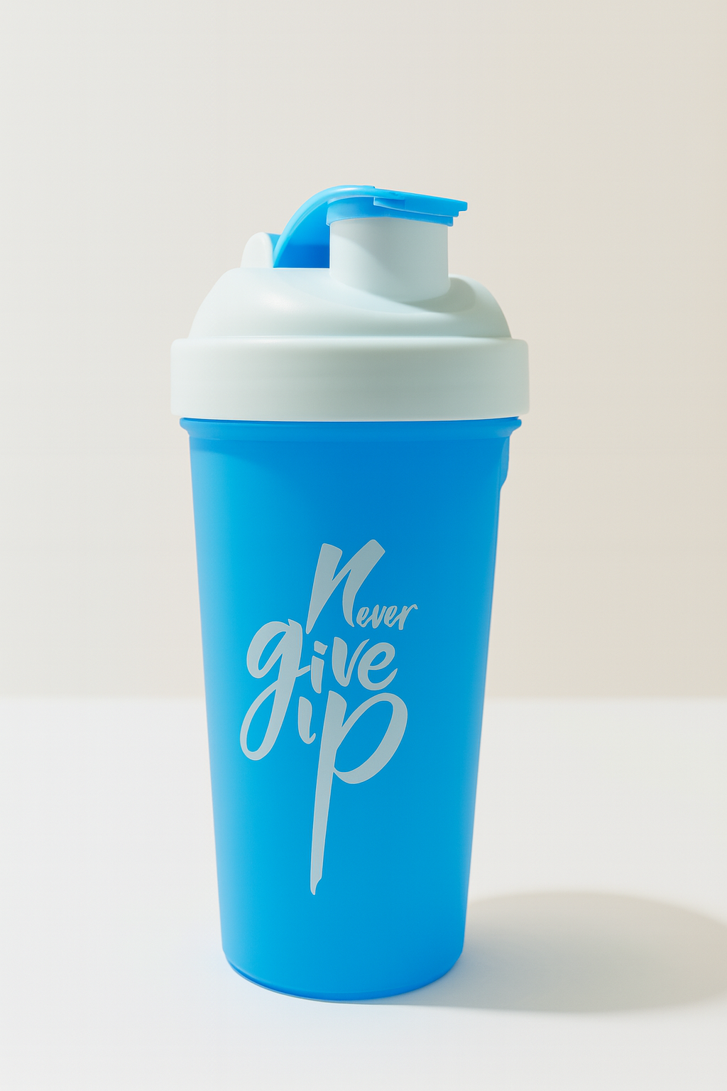 Never Give Up Printed White Blue Gym Shaker