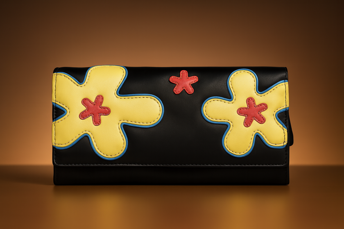 Leather Solid Black Big Flower Women Wallet