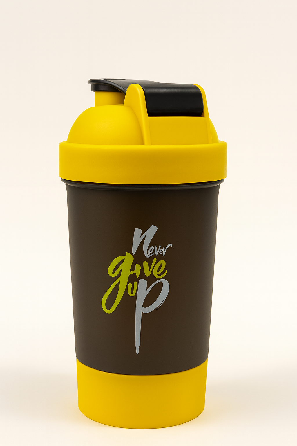 Never Give Up Printed Yellow Black Gym Shaker