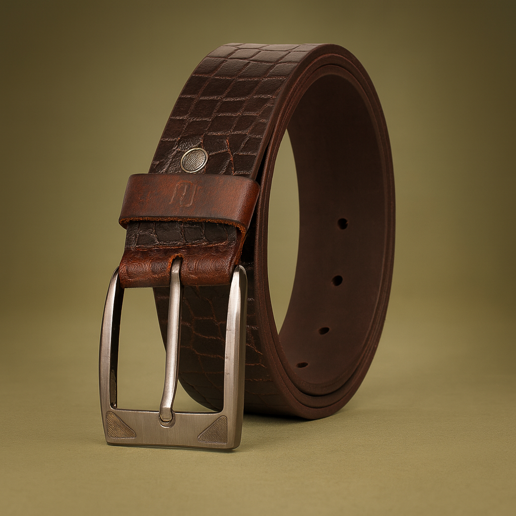 Bhokals Men Brown Crocs Texture Casual Leather Belt