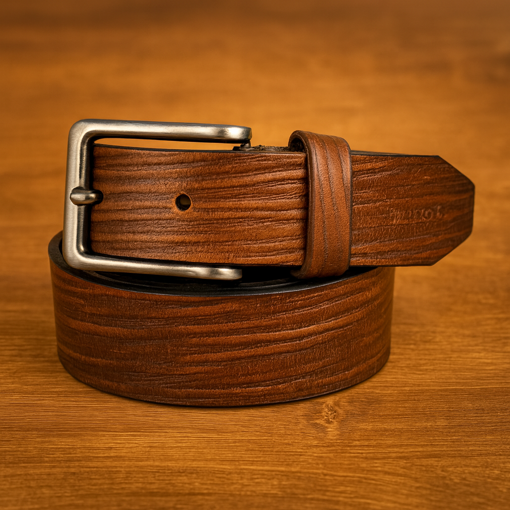 Bhokals Men Brown Wood Texture Leather Belt