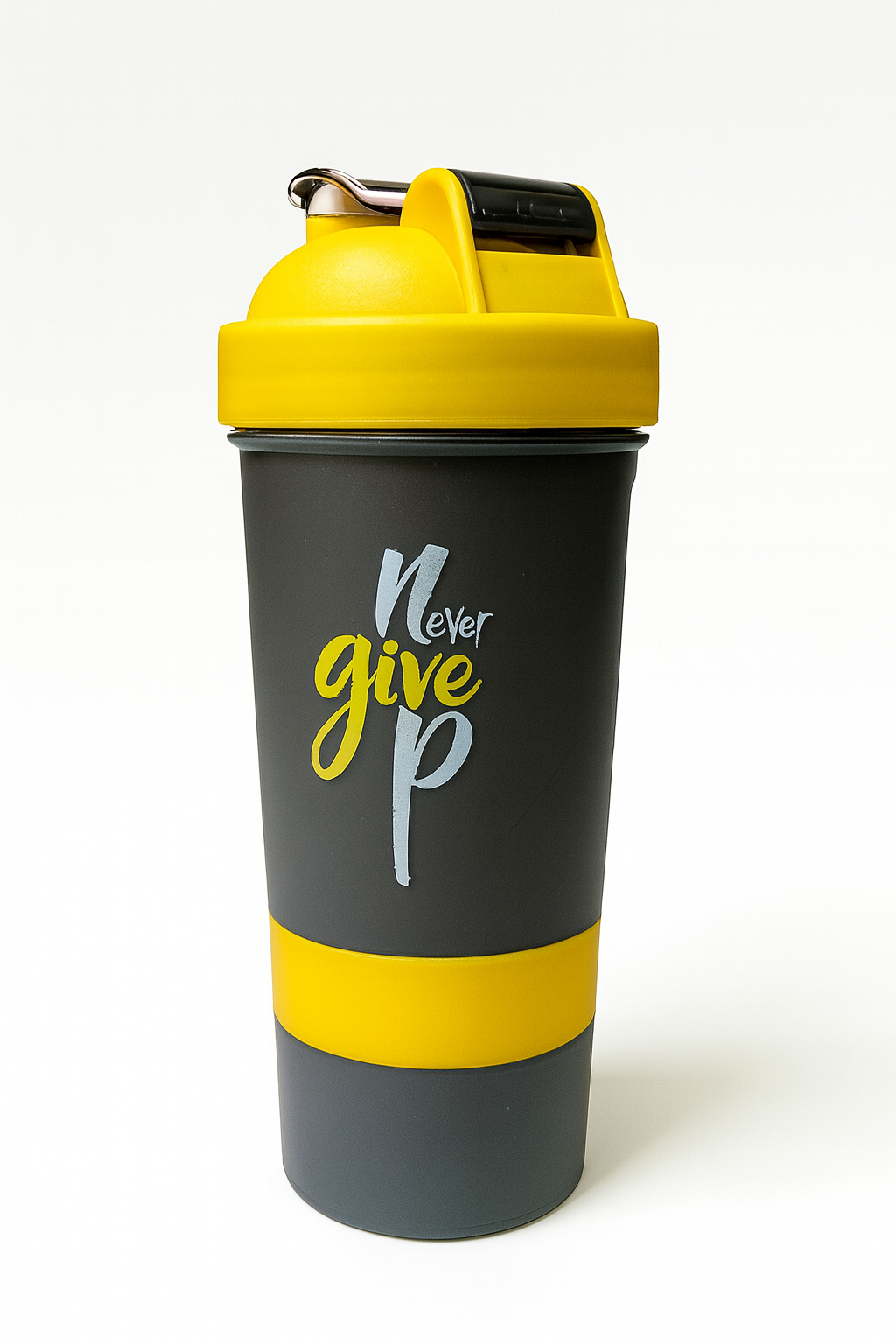Never Give Up Printed Yellow Black 3 in 1 Gym Shaker
