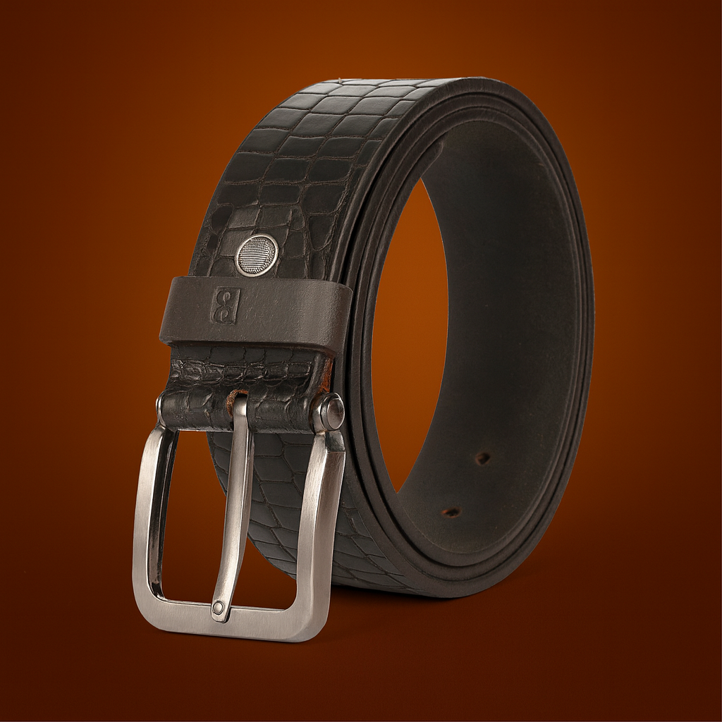 Bhokals Men Black Crocs Texture Leather Belt