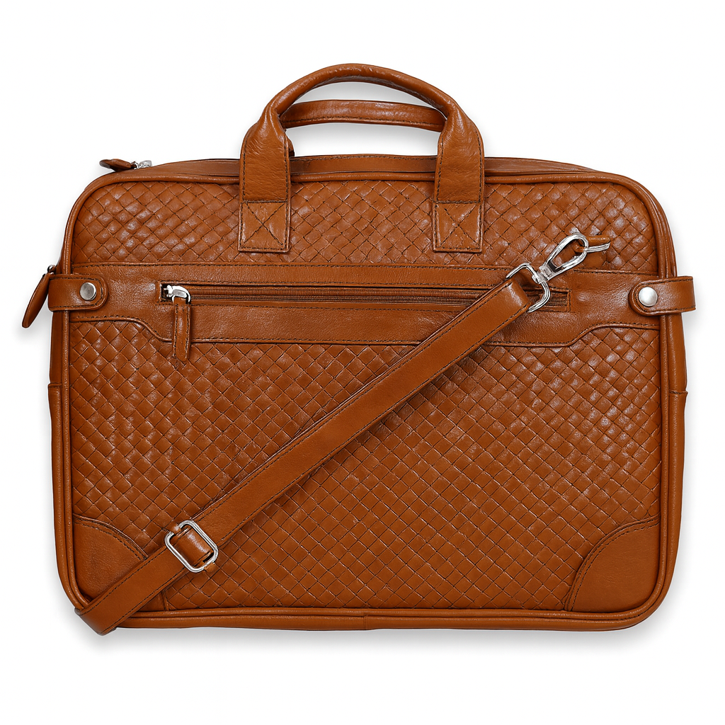 Bhokals Leather Tan Weave Laptop Bag