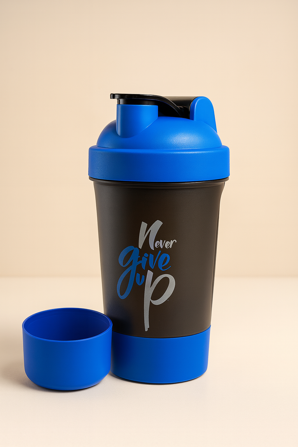 Never Give Up Printed Blue Black Gym Shaker