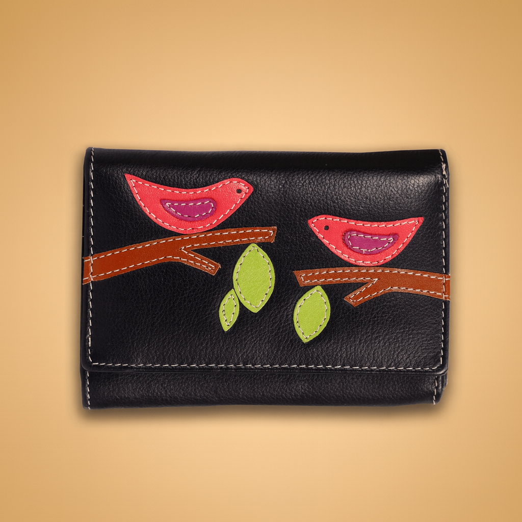 Leather Solid Black Red Bird Women Wallet