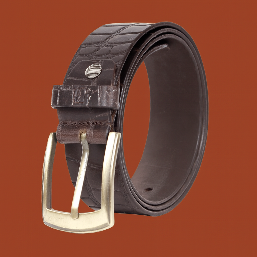 Bhokals Men Croc Texture Brown Leather Belt