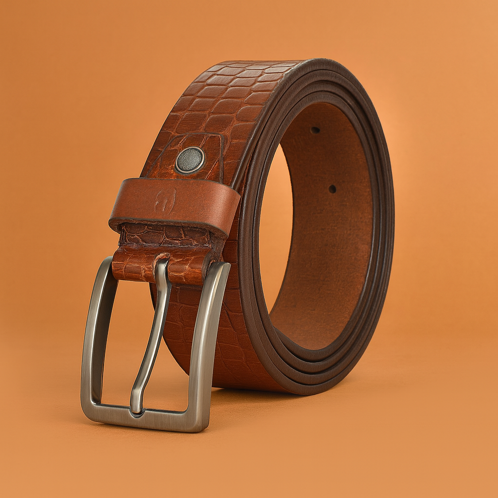 Bhokals Men Tan Brown Crocs Texture Leather Belt