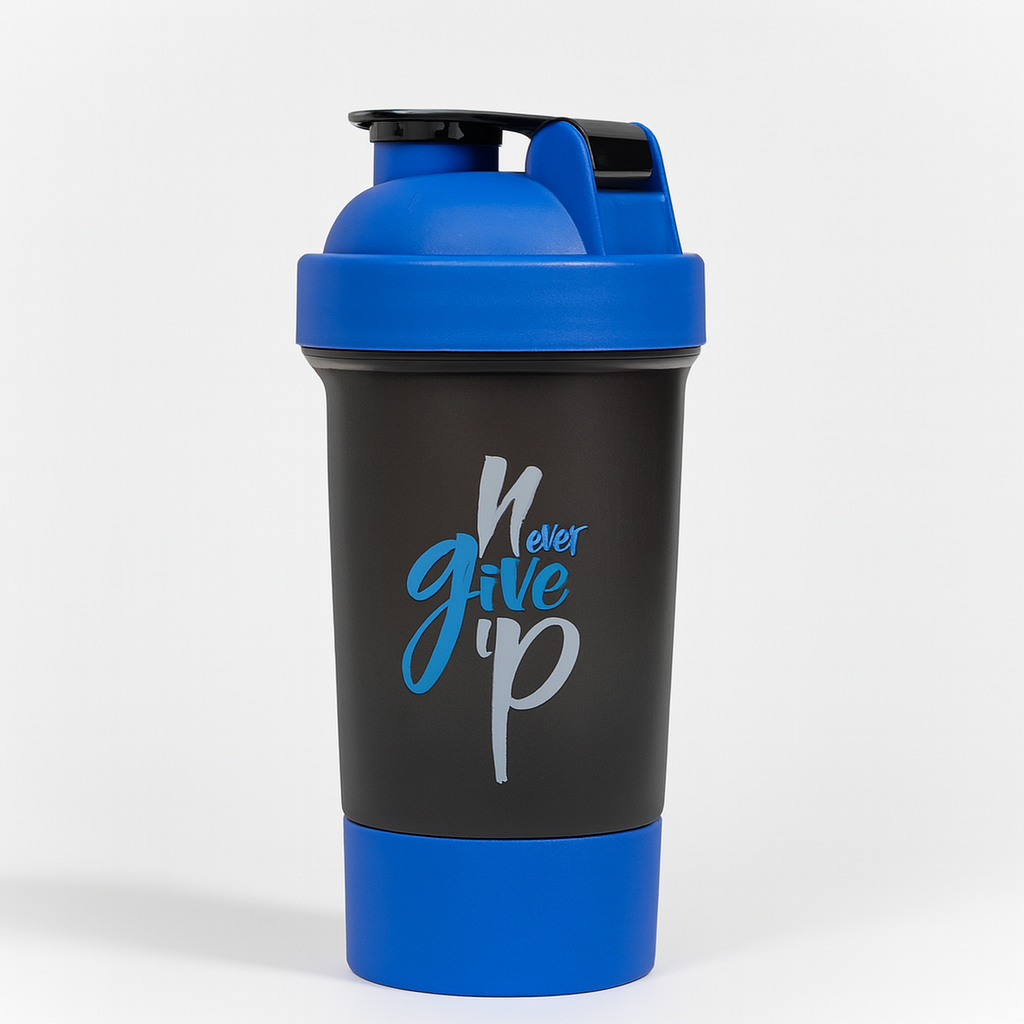 Never Give Up Printed Blue Black Gym Shaker