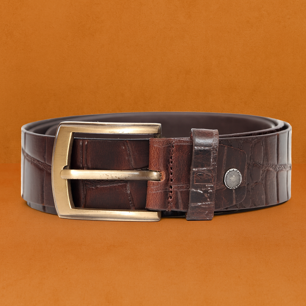 Bhokals Men Croc Texture Brown Leather Belt