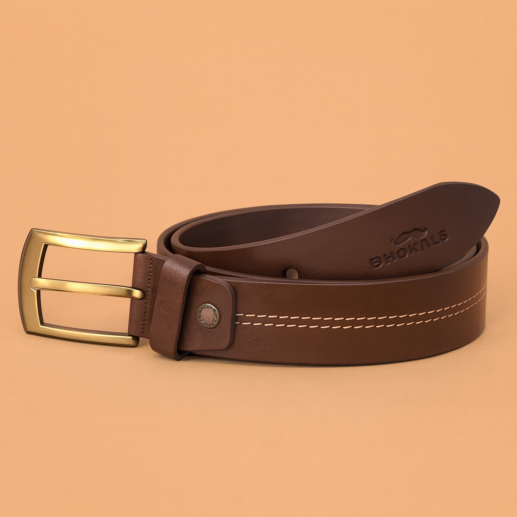 Men Brown Middle Thread Leather  Belt