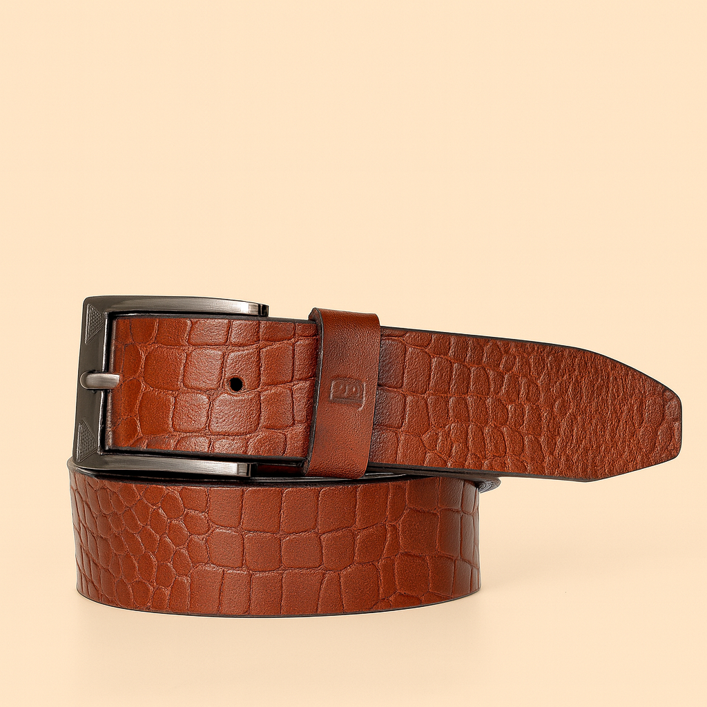 Bhokals Men Tan Brown Crocs Texture Leather Belt