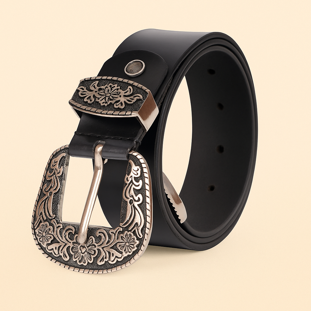 Bhokals Maharaja Men Silver Buckle Black Leather Belt