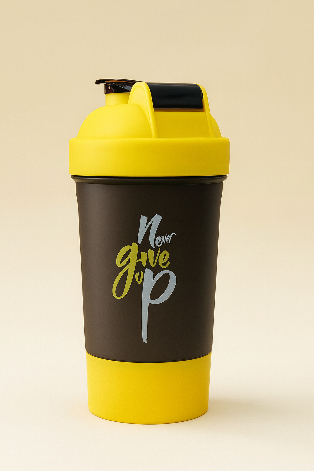 Never Give Up Printed Yellow Black Gym Shaker