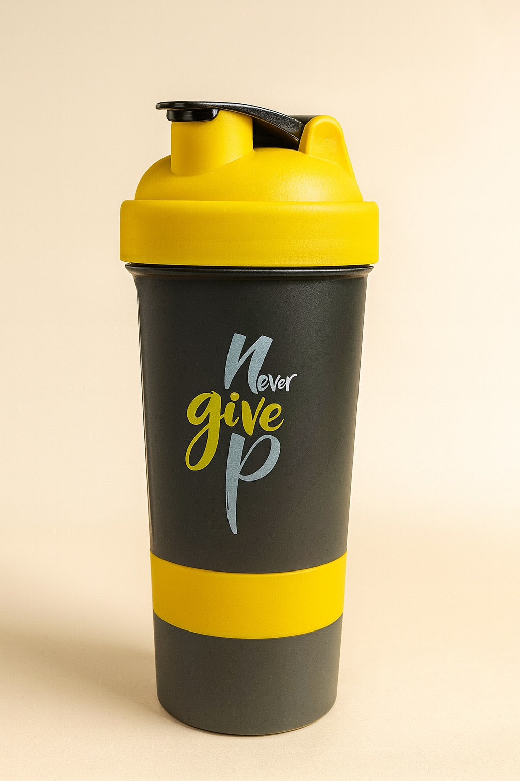 Never Give Up Printed Yellow Black 3 in 1 Gym Shaker