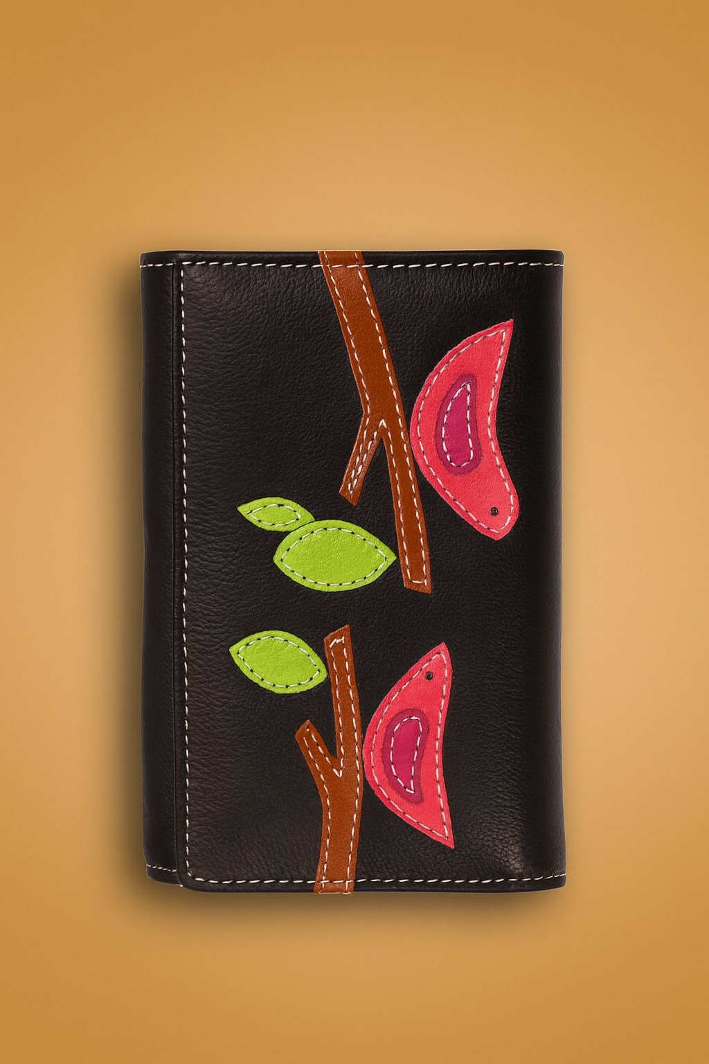 Leather Solid Black Red Bird Women Wallet
