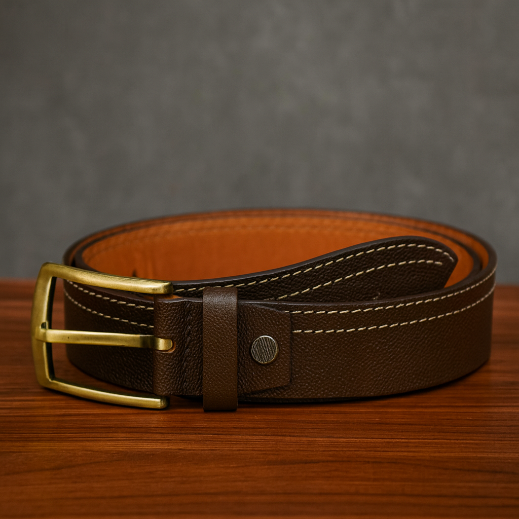 Men Brown Side Thread Leather Belt