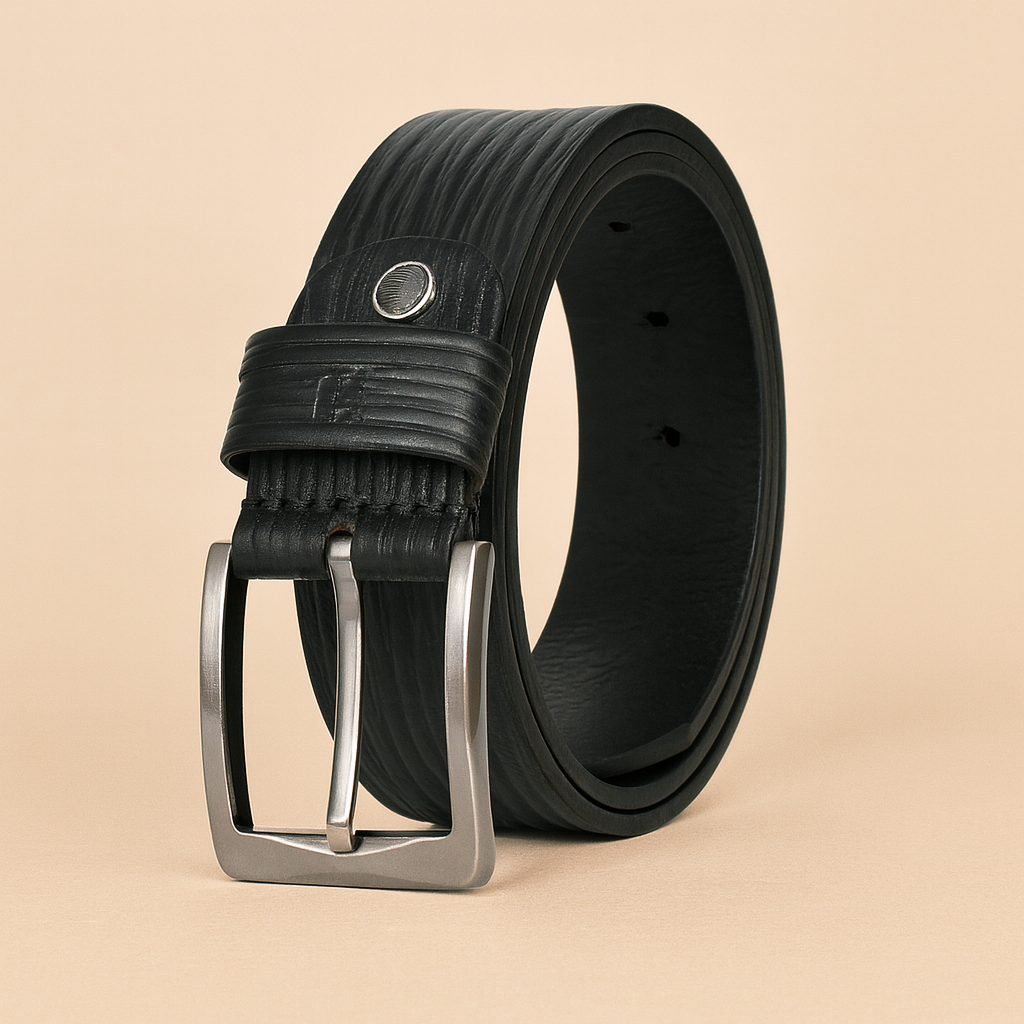Bhokals Men Black  Wood Texture Leather Belt