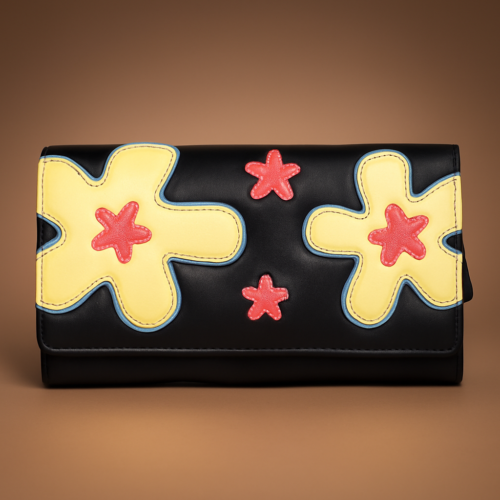 Leather Solid Black Big Flower Women Wallet