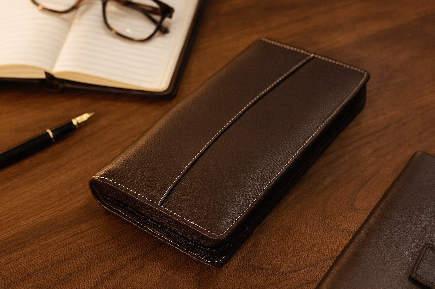 Leather Solid Brown Cheque Book Folder