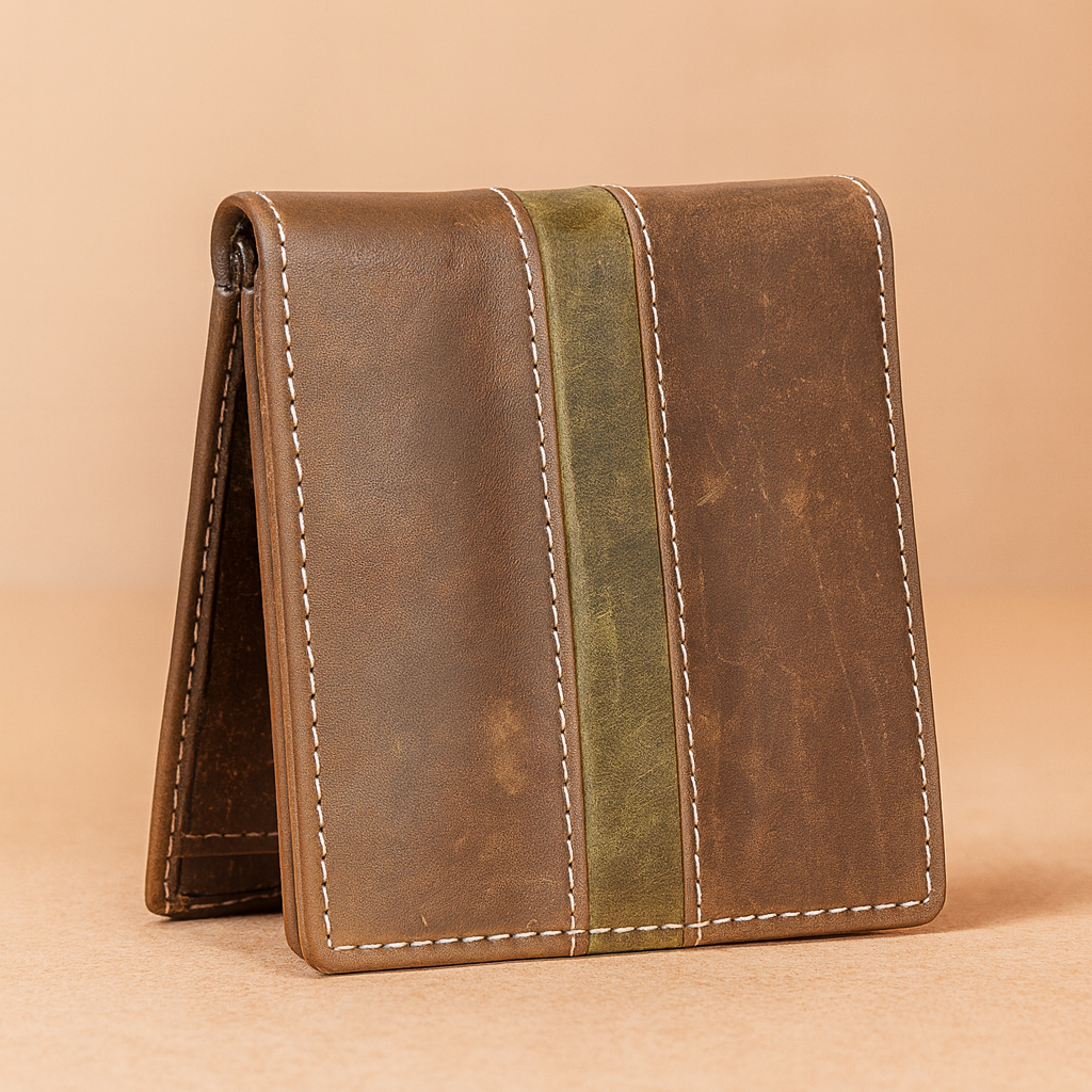 Leather Brown Green Strip Men Wallet