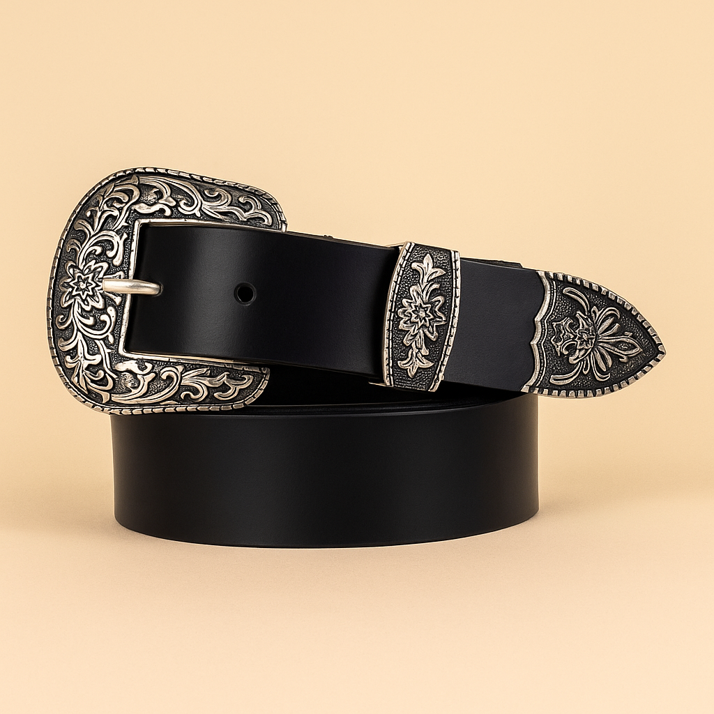 Bhokals Maharaja Men Silver Buckle Black Leather Belt