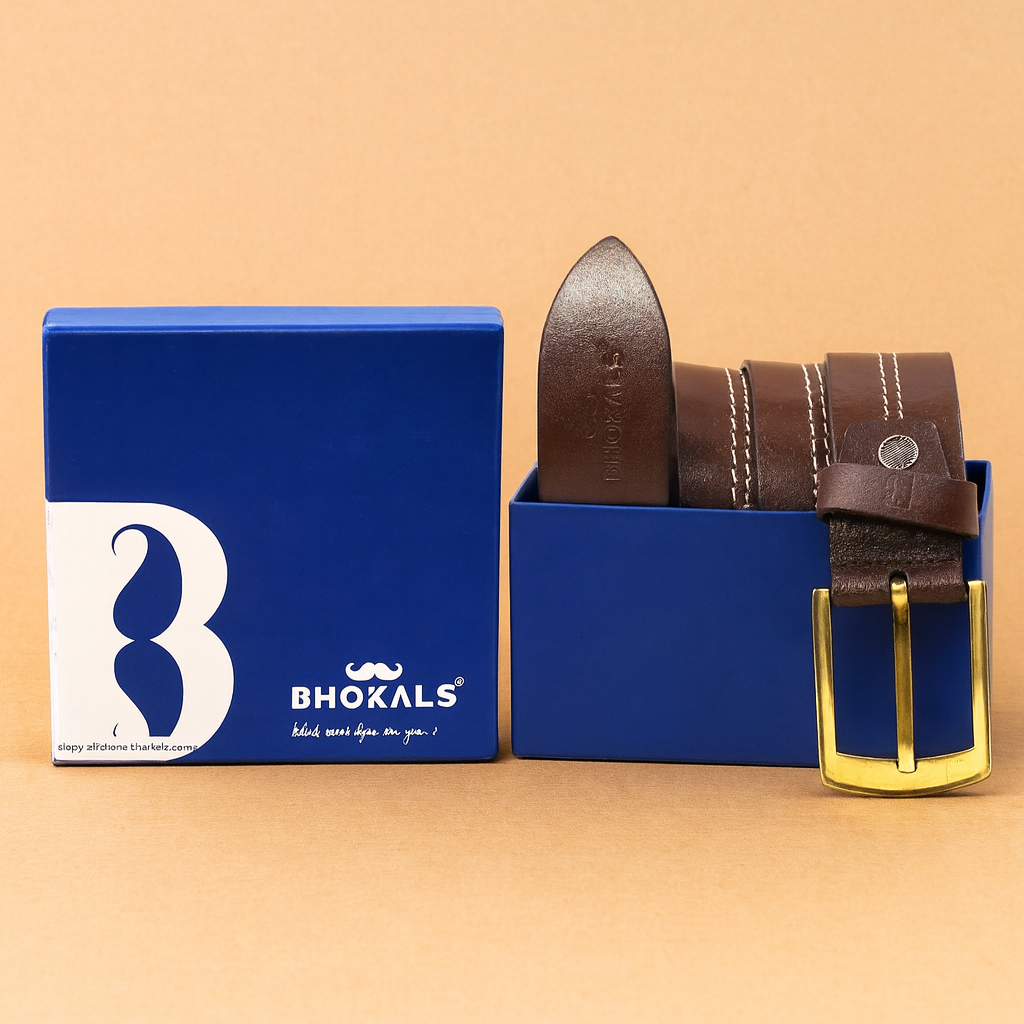 Men Brown Middle Thread Leather  Belt