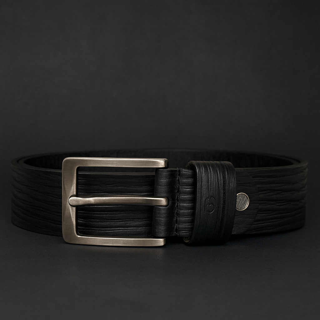 Bhokals Men Black  Wood Texture Leather Belt