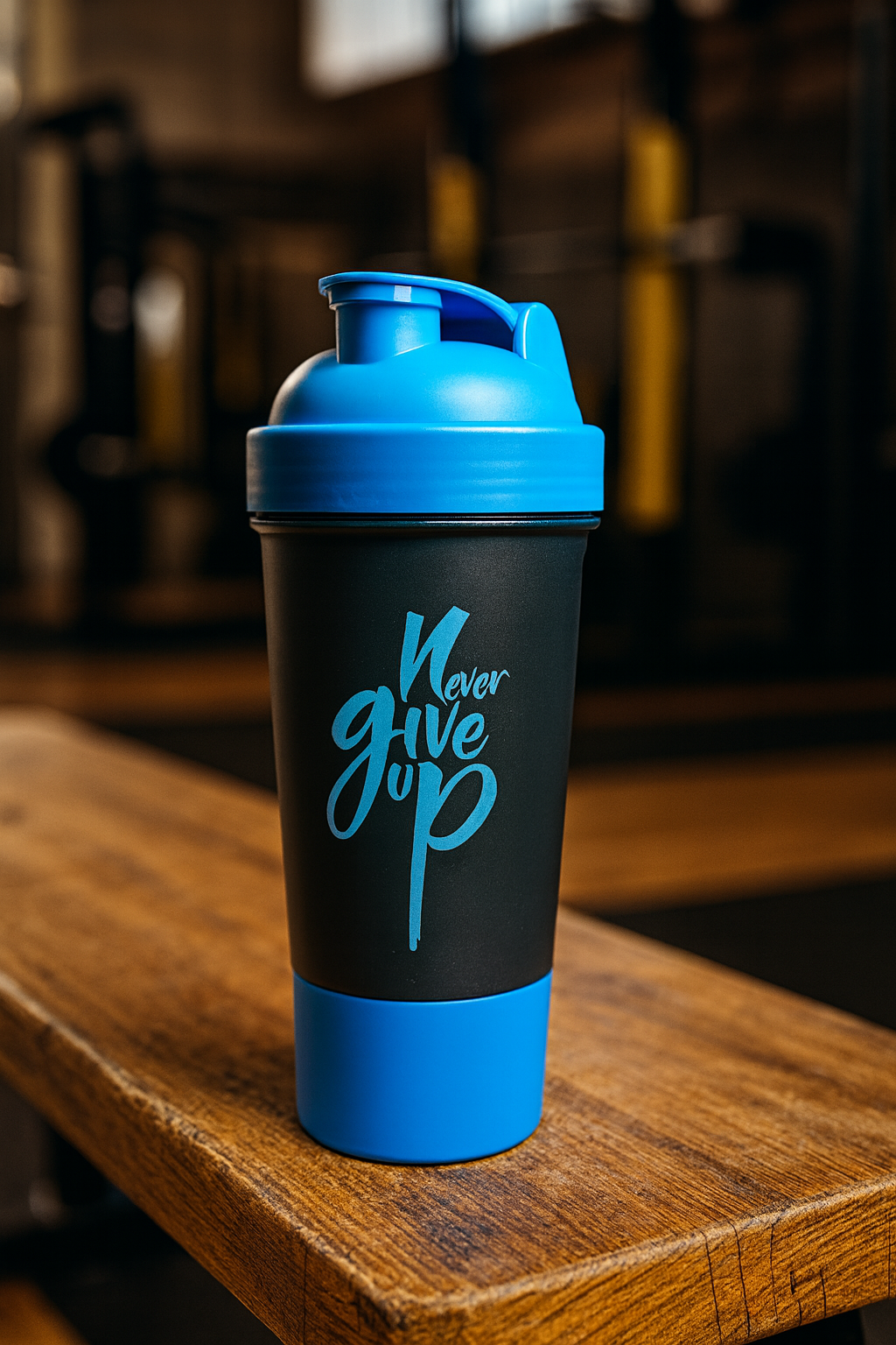 Never Give Up Printed Blue Black Gym Shaker