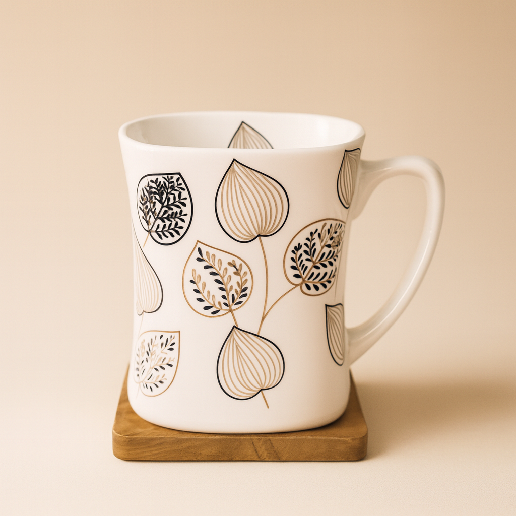 Bhokals  Brown Leaf Printed White Coffee Mug