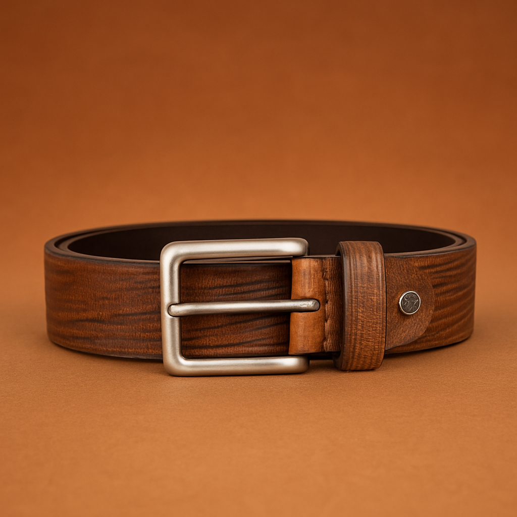 Bhokals Men Brown Wood Texture Leather Belt