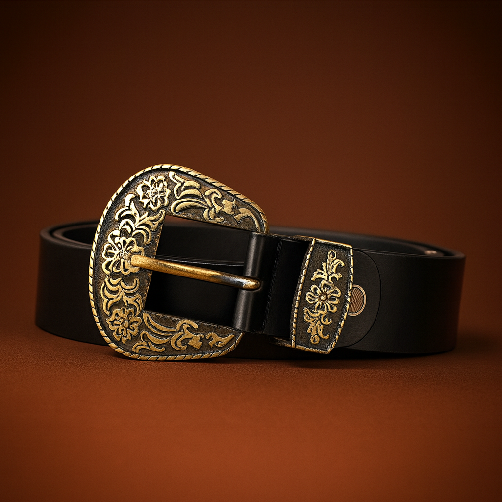 Maharaja Men Golden Buckle Black Leather Belt