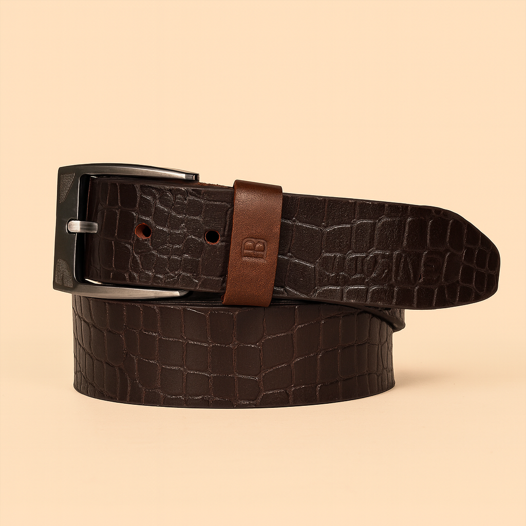 Bhokals Men Brown Crocs Texture Casual Leather Belt