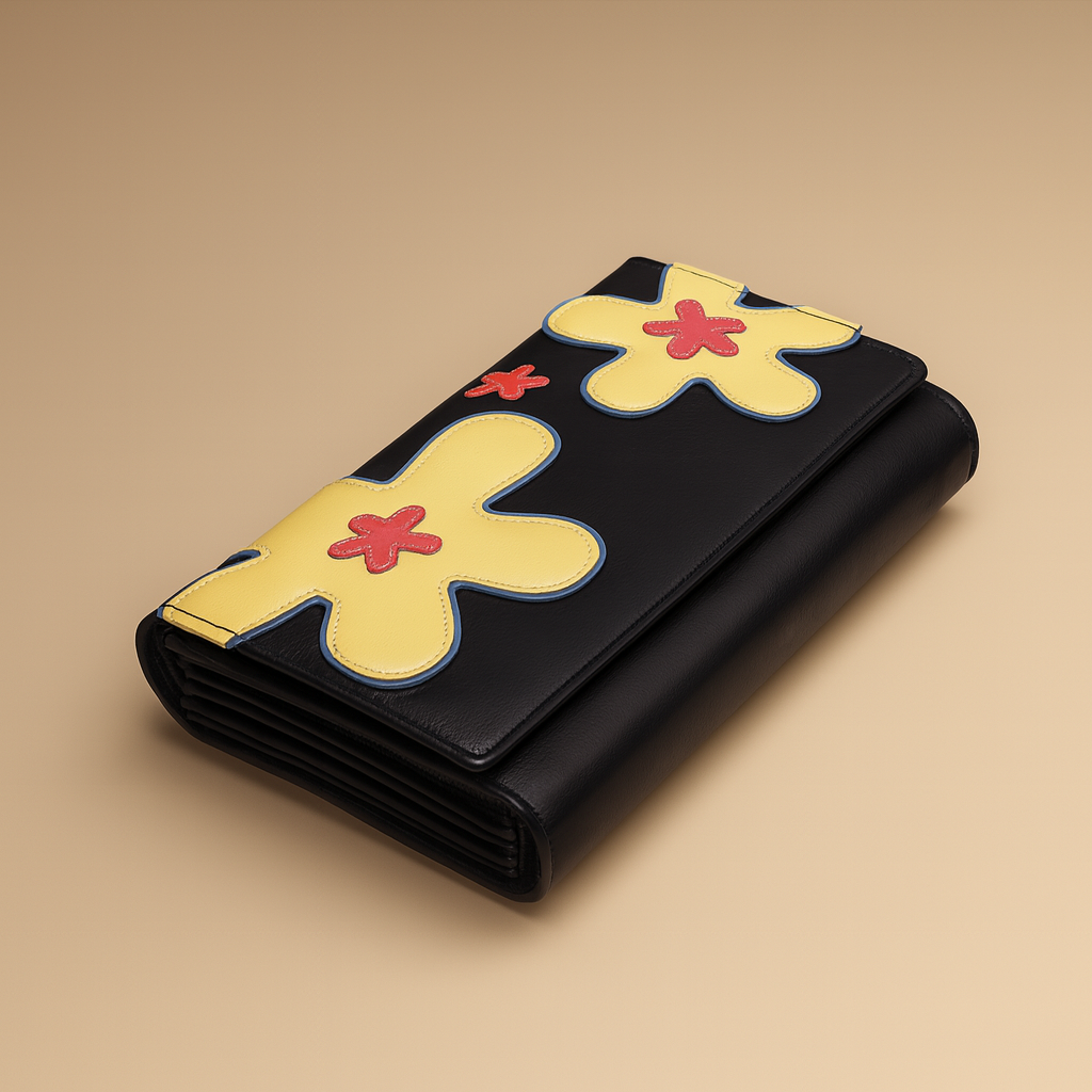 Leather Solid Black Big Flower Women Wallet
