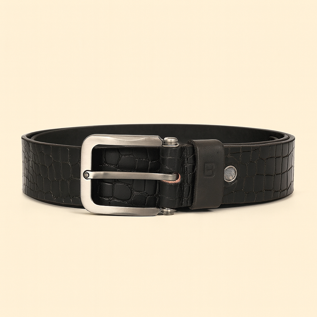 Bhokals Men Black Crocs Texture Leather Belt