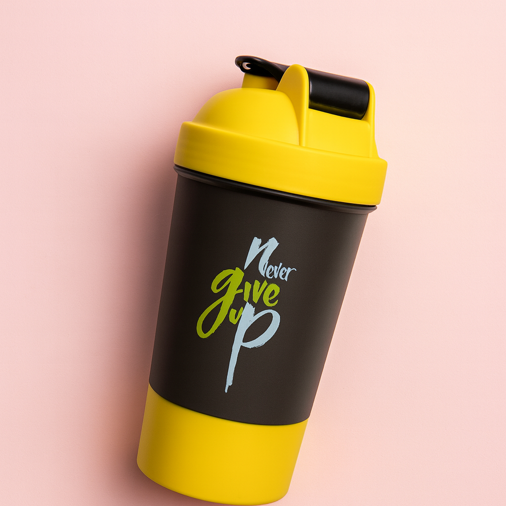 Never Give Up Printed Yellow Black Gym Shaker