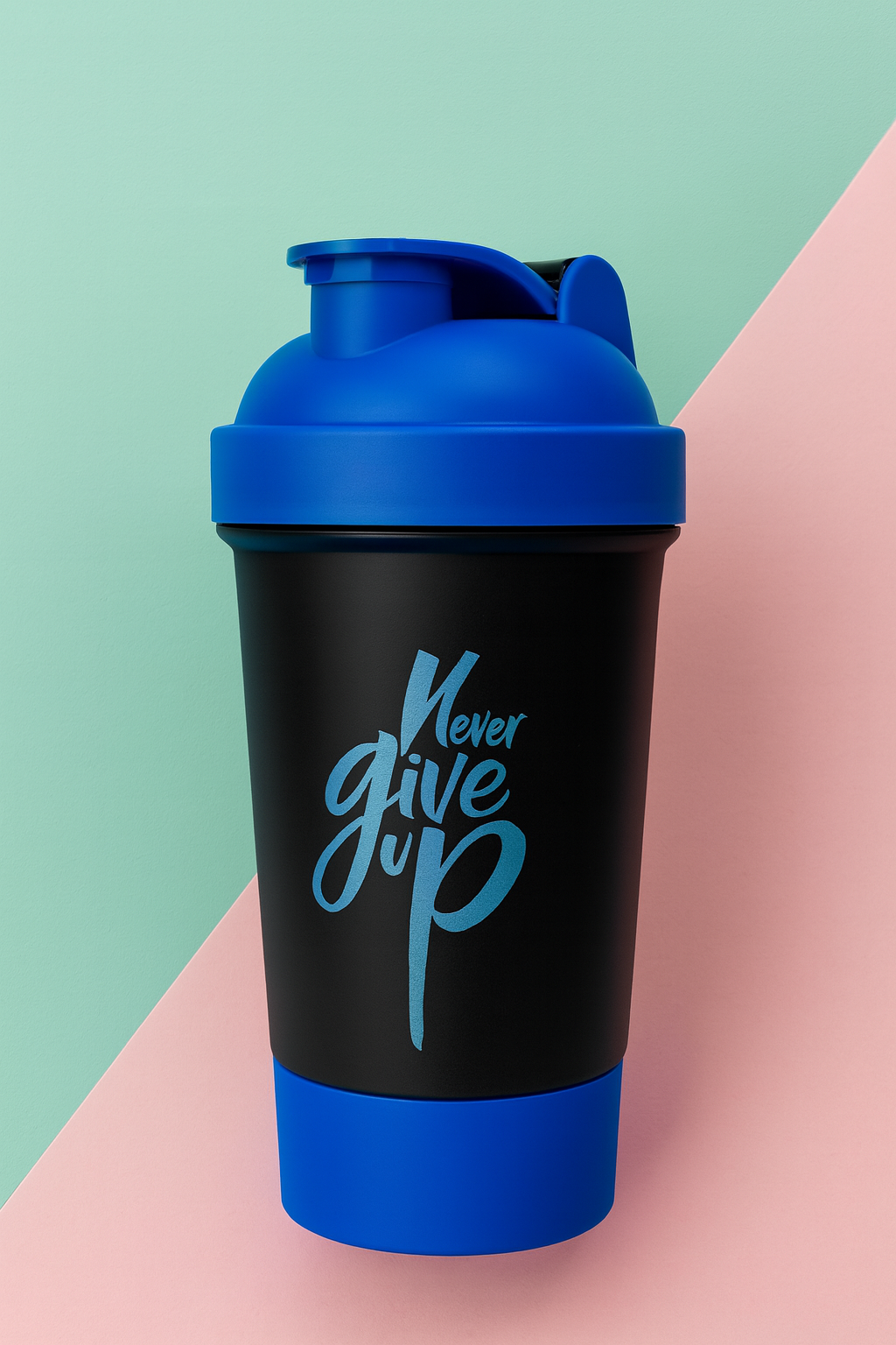 Never Give Up Printed Blue Black Gym Shaker