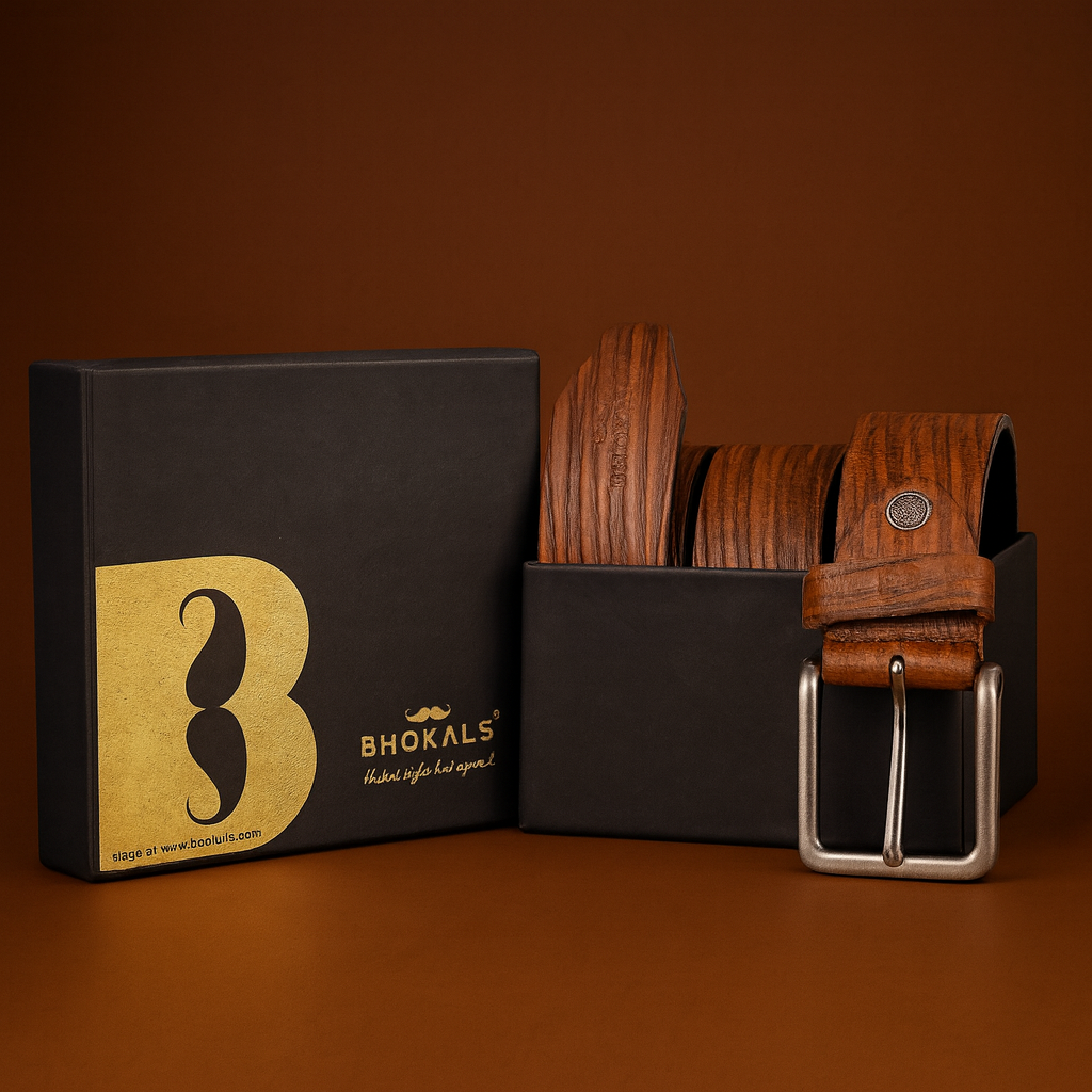 Bhokals Men Brown Wood Texture Leather Belt
