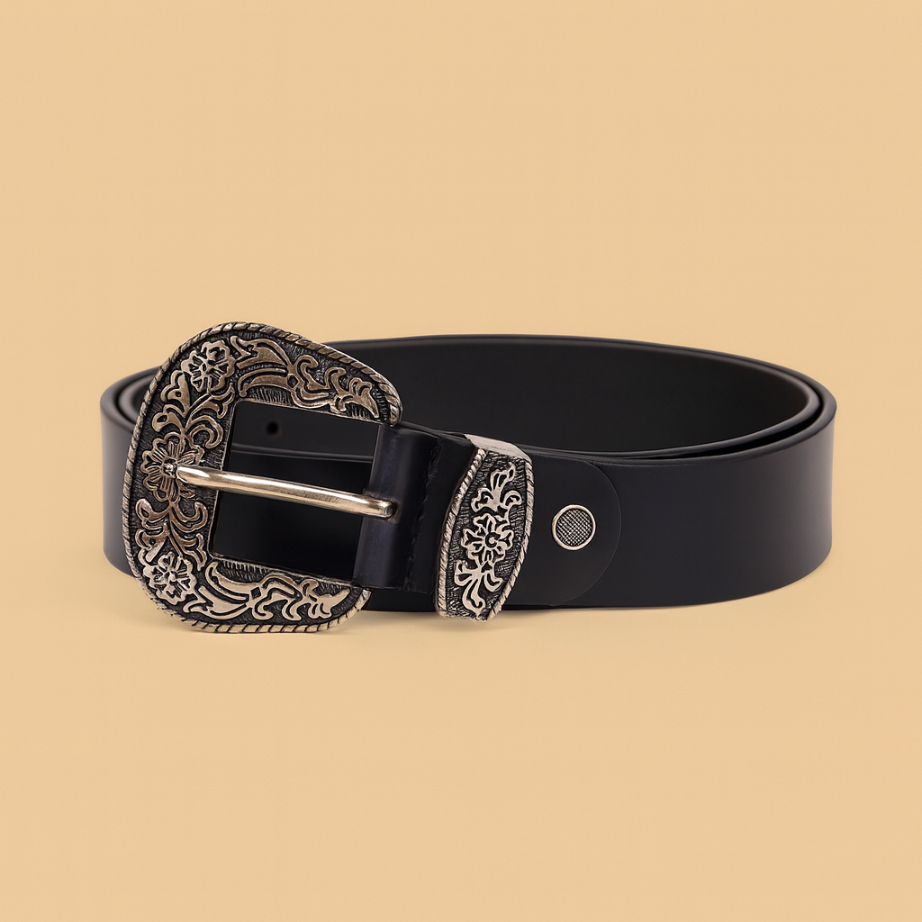 Bhokals Maharaja Men Silver Buckle Black Leather Belt
