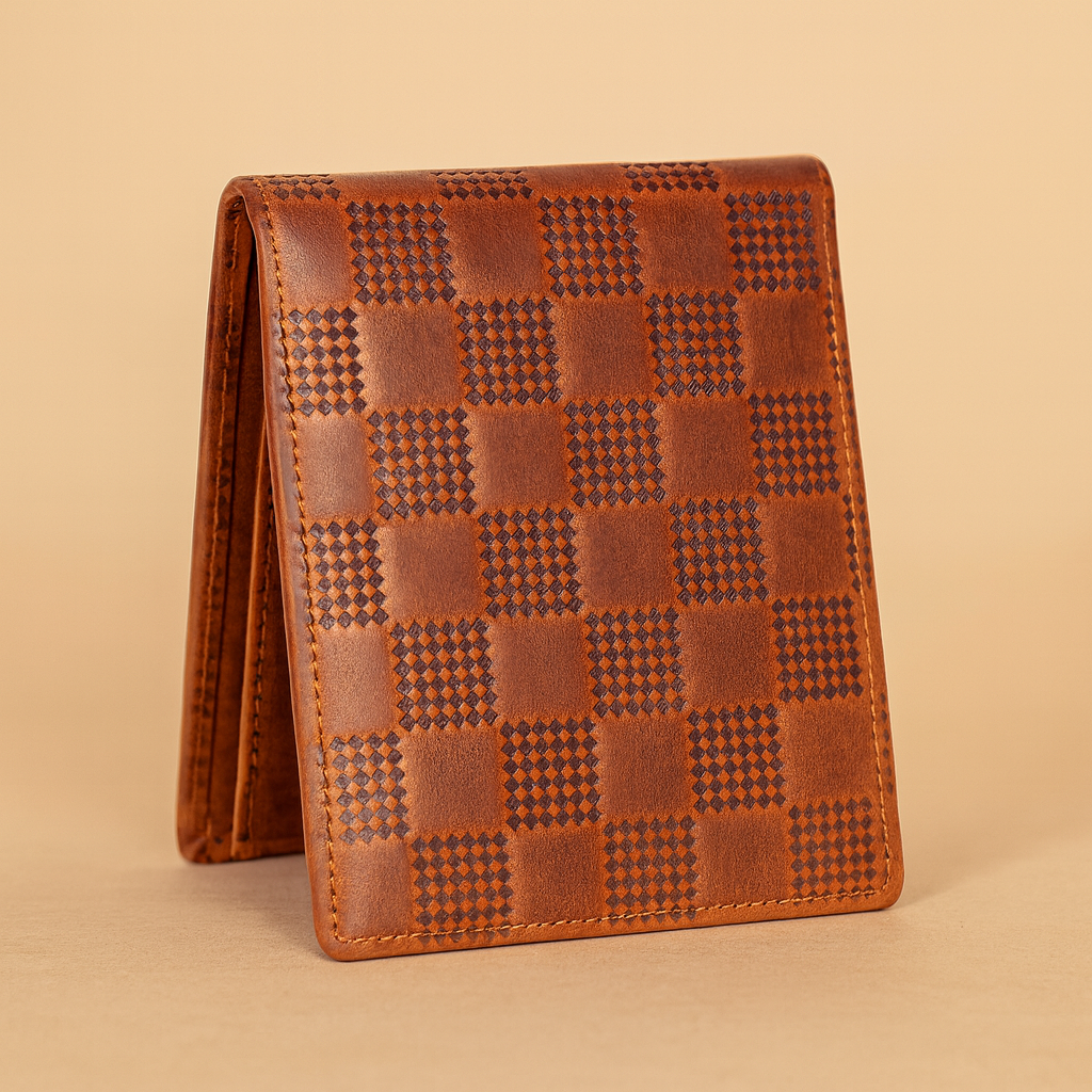 BHOKALS Genuine Leather Bifold Wallet, Brown, Checkered Pattern Design, Multiple Card Slots, Vintage Style, Classic Men's Accessory